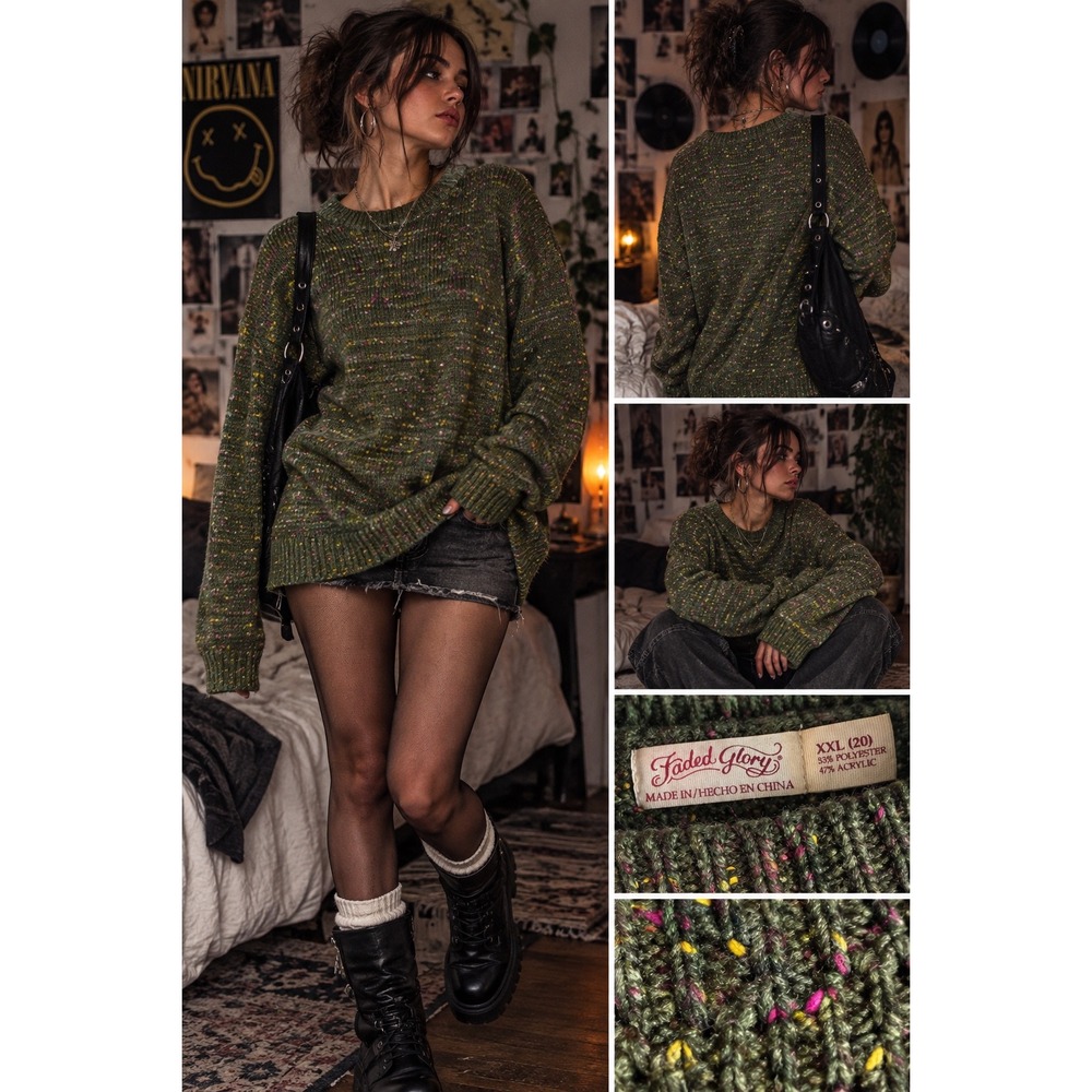 Y2K Fairy Grunge Look XXL 20 Green Speckled Knit Pullover Sweater Long Sleeve